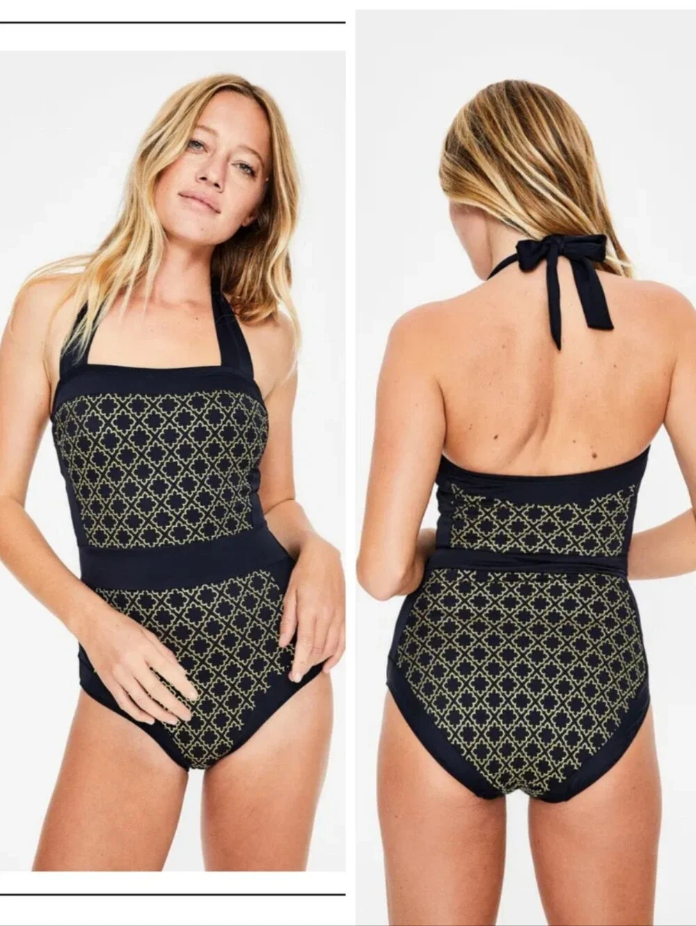 Boden Santorini Halterneck Swimsuit Size 10R One Piece Navy Golden Geo Pattern